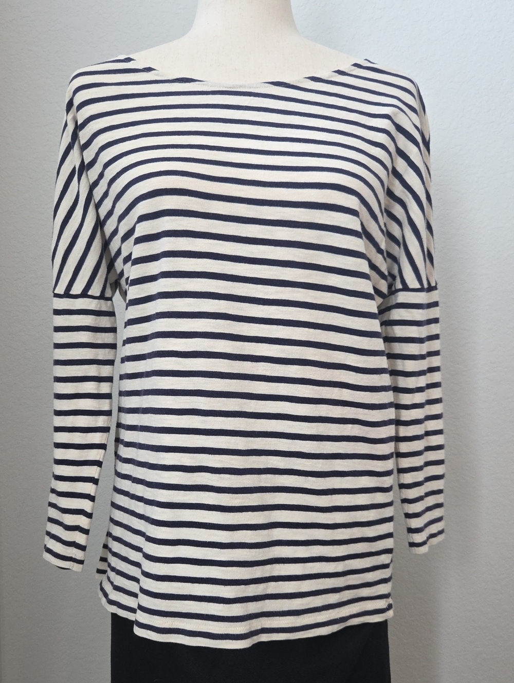 J. Crew Navy Blue White Striped Long Sleeve Boatneck Tee Medium